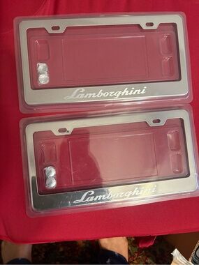 Lamborghini Silver License Plate Frames with Script Logo laser cut authentic